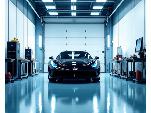 Spotless, well-lit car detailing bay with professional polishing and lighting equipment, ready for ceramic coating.